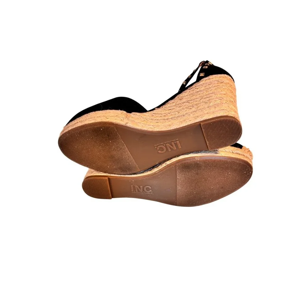 I.N.C. Masin Black Ankle Strap Espadrille Wedge Sandals Studded‎ Detail 8M